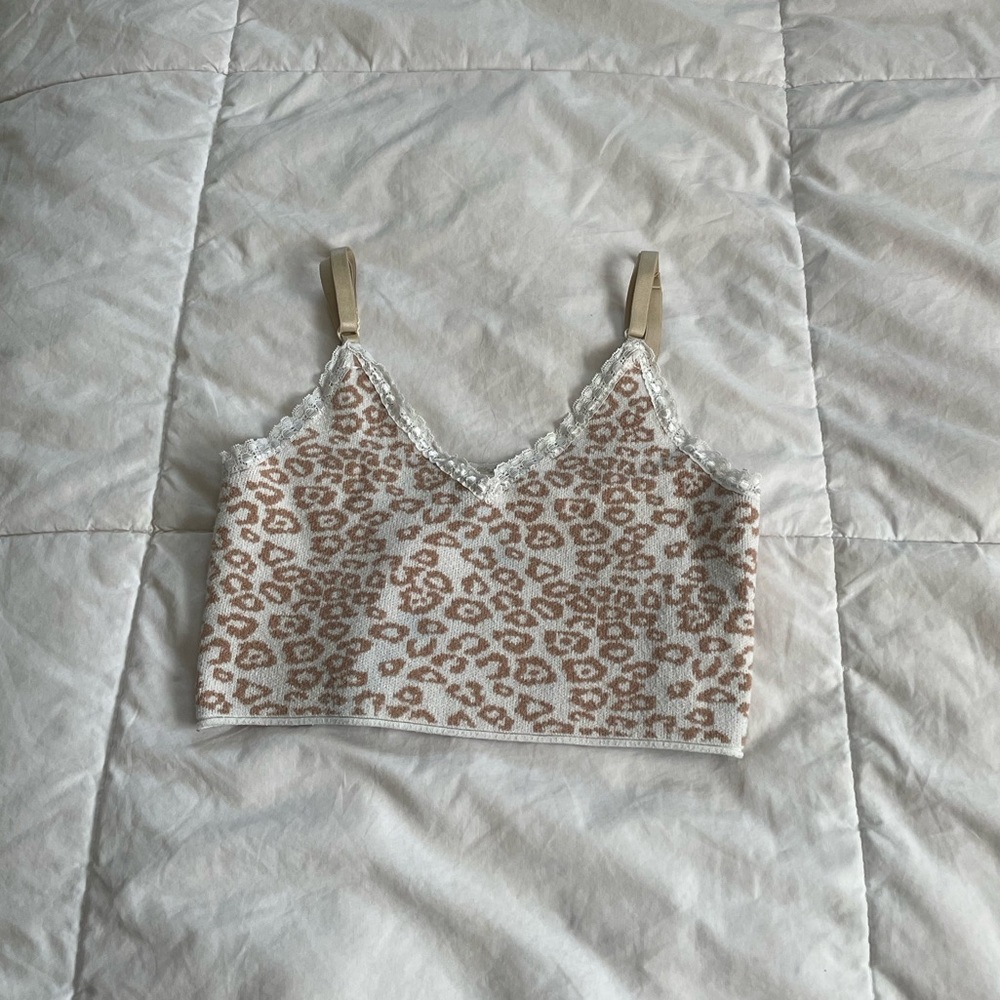 cheetah soft knitted lace trim crop top tank top